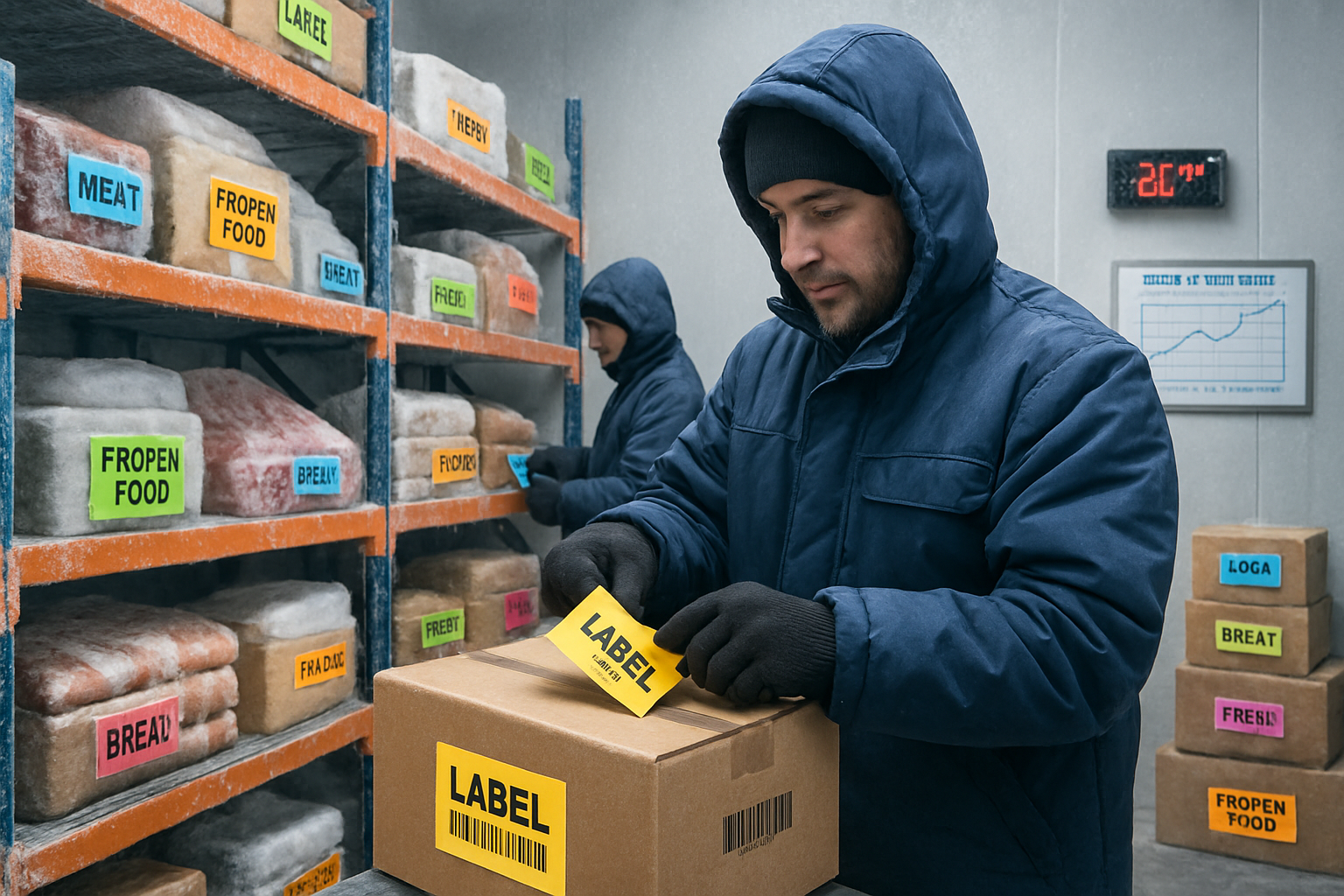 A imagem apresenta um ambiente de armazm frigorfico repleto de prateleiras organizadas com produtos diversos todos com etiquetas visveis e bem fixadas-1