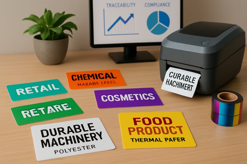 A imagem apresenta uma mesa de trabalho organizada onde se destacam vrias etiquetas personalizadas de diferentes indstrias cada uma com design e mater