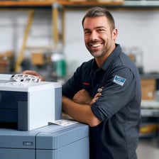 A smiling technician or manager with a relaxed and confident expression near a perfectly working label printer