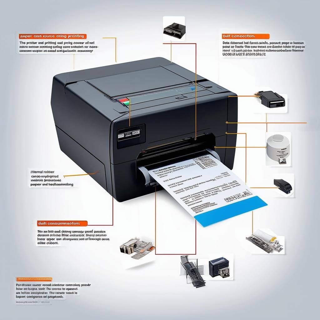 An image of a thermal printer not printing, with various components highlighted as potential issues, such as power source, printing configuration, pri