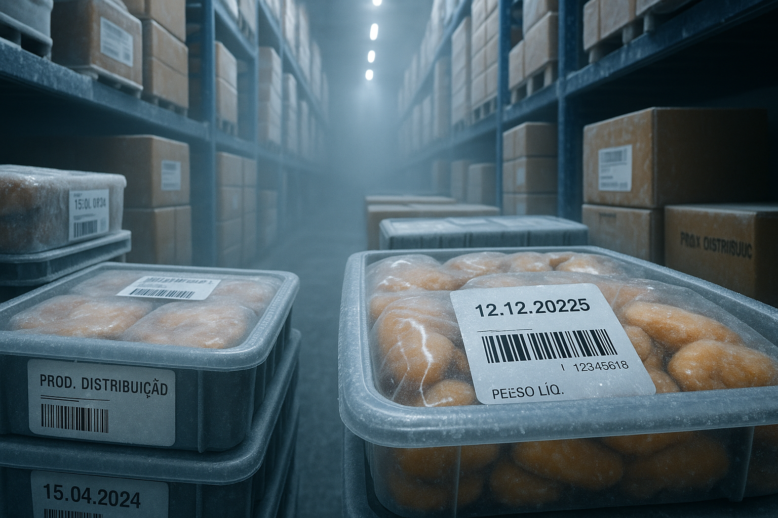 Armazém frigorífico com embalagens congeladas etiquetadas; rótulos legíveis apesar de gelo e condensação