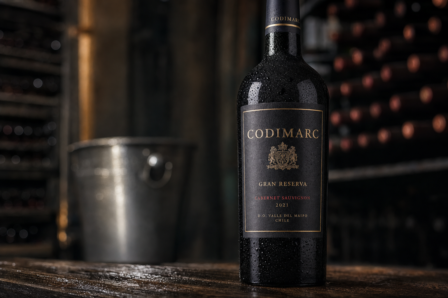Garrafa de vinho premium com rótulo resistente à humidade em ambiente de cave.