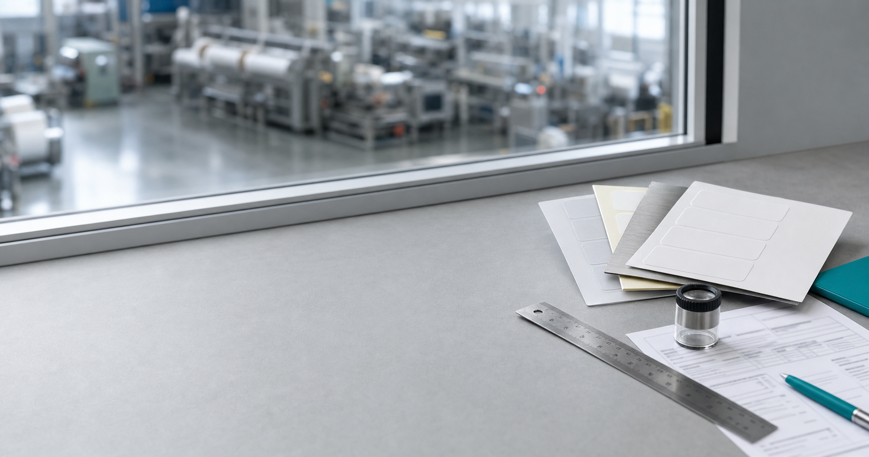 Bancada técnica com amostras de etiquetas autoadesivas e ficha de especificação de material, com a produção ao fundo.