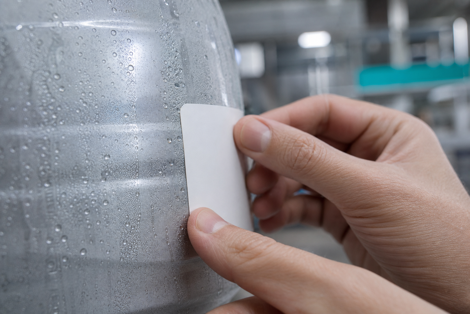 Etiqueta autoadesiva aplicada à mão numa superfície industrial fria com condensação, em teste de aderência em ambiente real.
