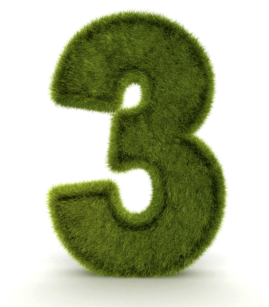 Number three in 3D and grass texture - isolated over white